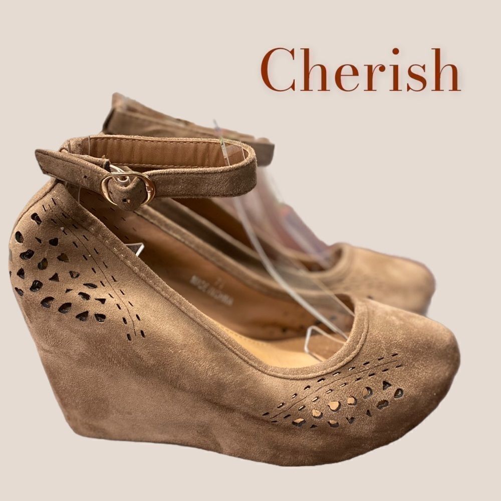Cherish Beige Suede Ankle Strap Wedges 7.5